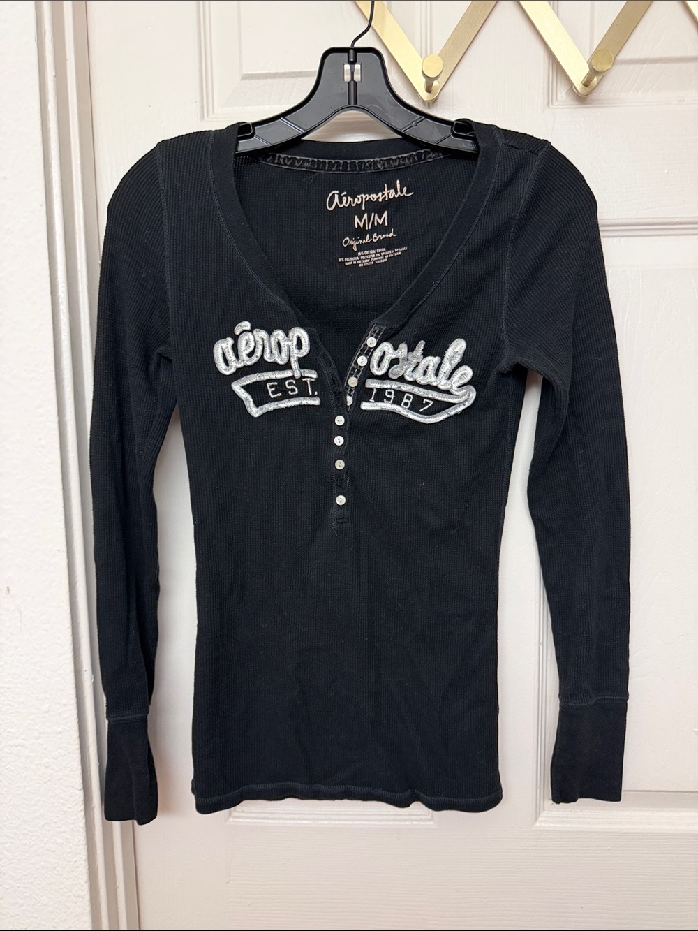 Y2k Aeropostale Long-Sleeve Henley with White Embroidered Logo